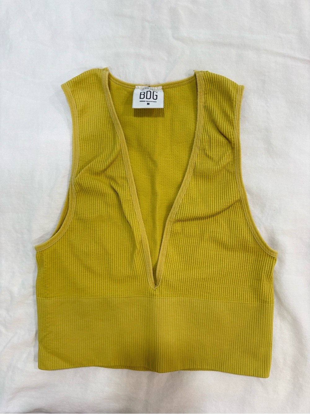 BDG Deep V Ribbed Cropped Tank Top - Yellow